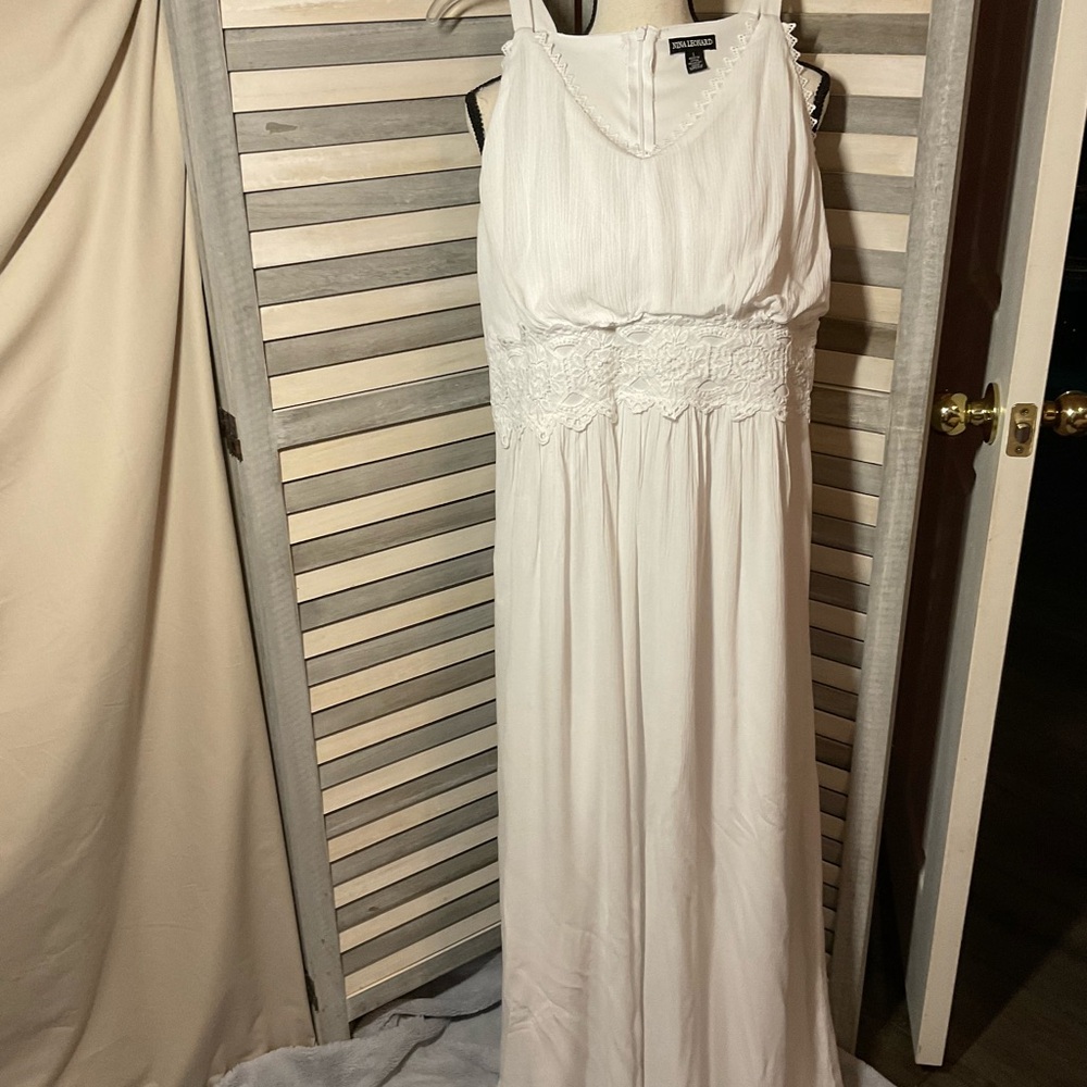 Nina Leonard White Pleated Halter Maxi Gown